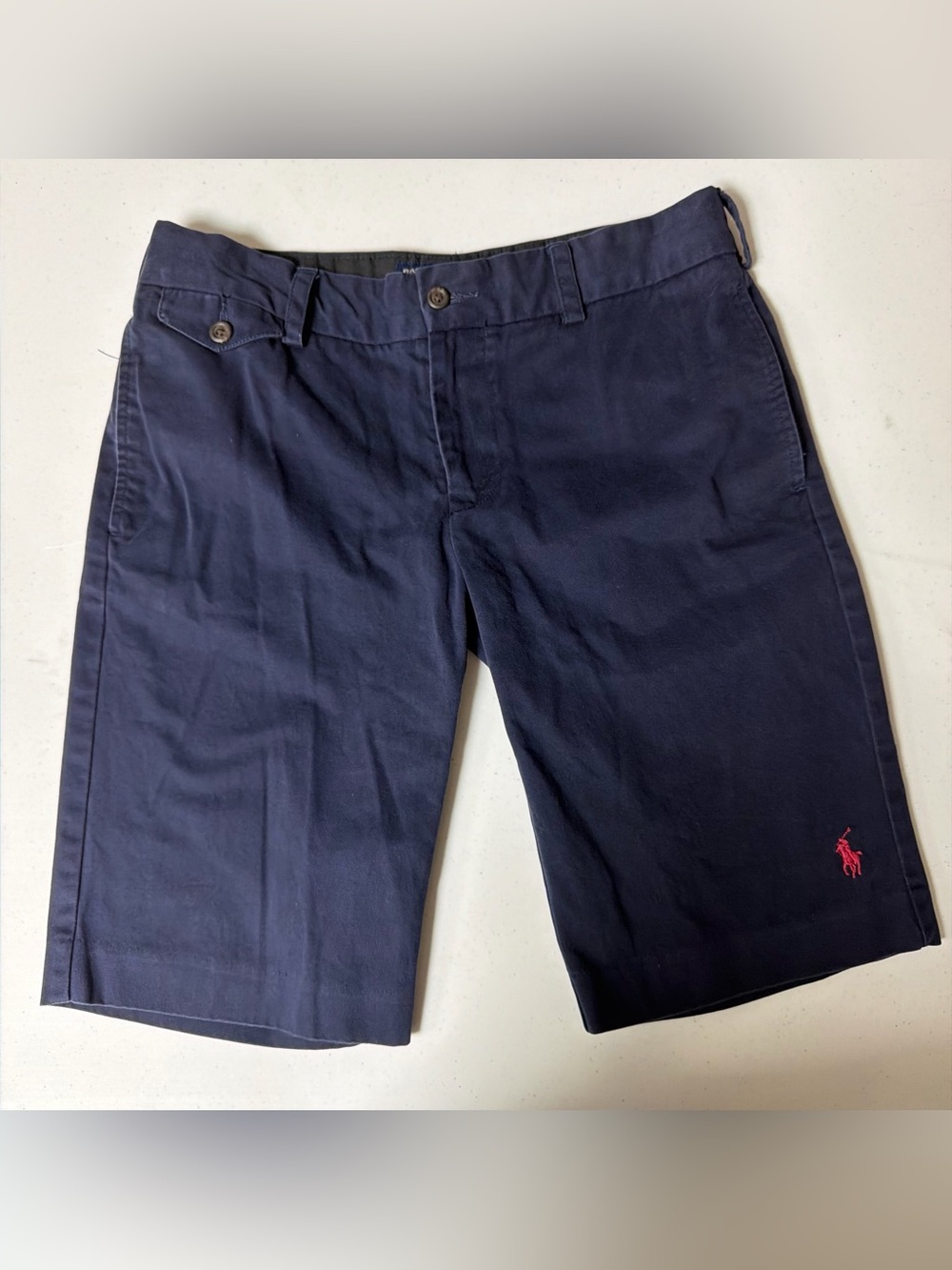 Ralph Lauren Navy Flat-Front Cotton Shorts with Red Polo Logo